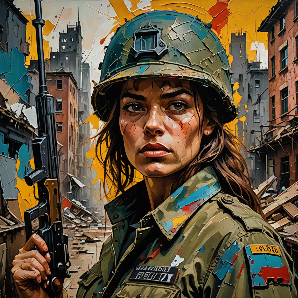 Determined Female Soldier in a Ruined Cityscape, Neo-Express...
