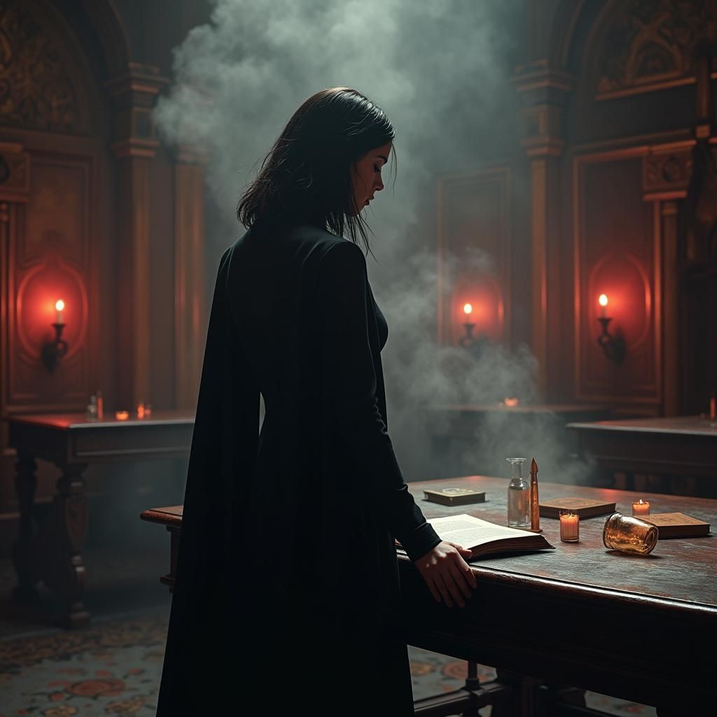 Dark Teacher in Gothic Classroom, Surrealist Style