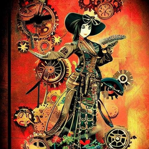 Steampunk Nightingale with Japanese Background