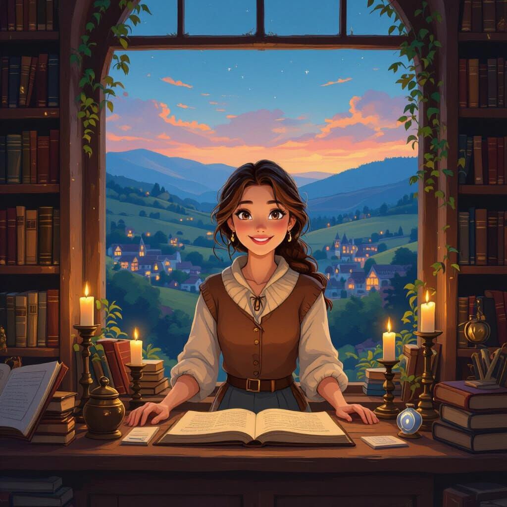 Whimsical Bookstore at Twilight: A Ghibli-esque Fantasy