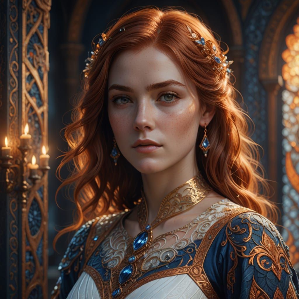 Auburn-Haired Woman in Shimmering Gown: Fantasy Art