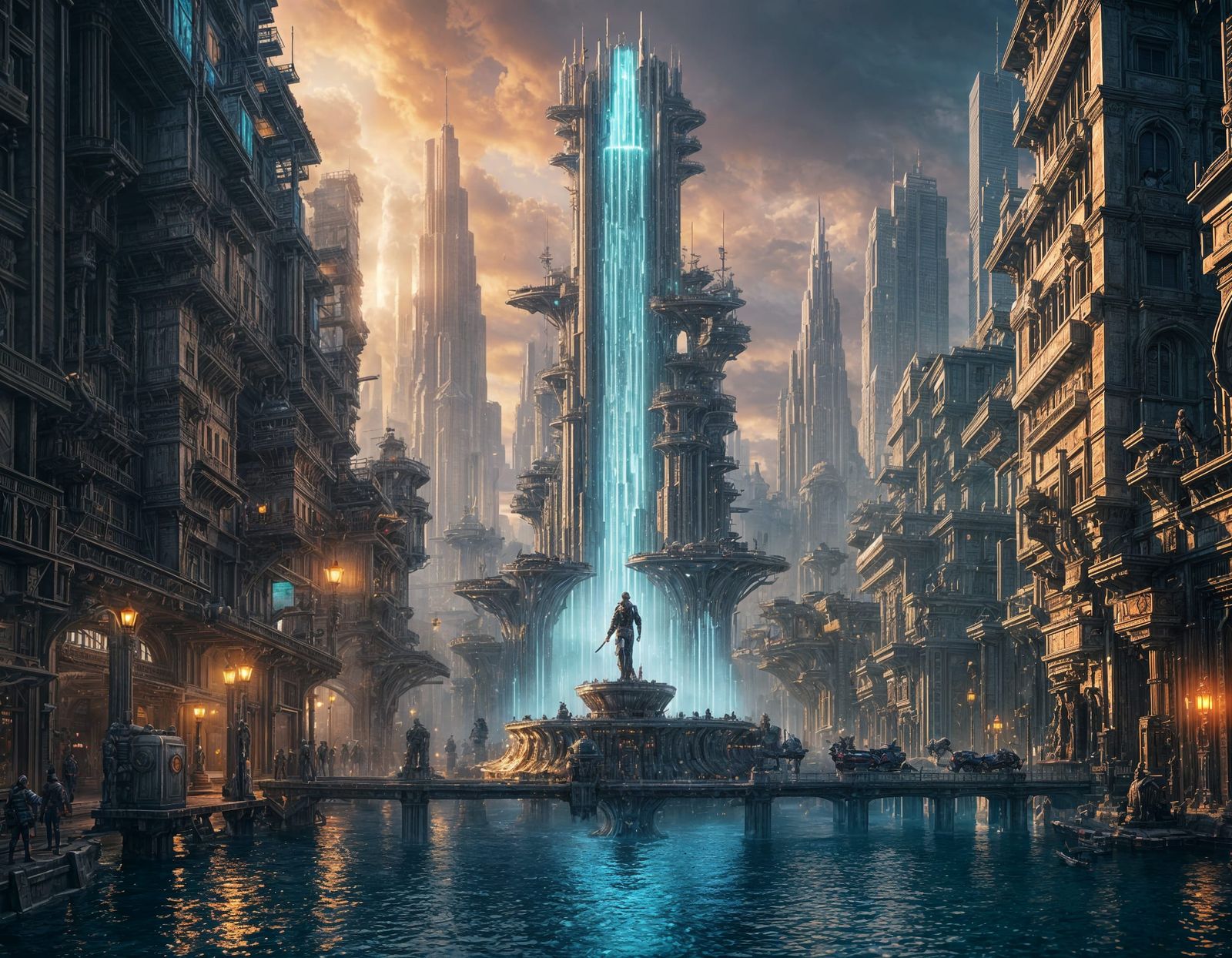 Cyberpunk City with Towering Fountain, Digital Matte Paintin...