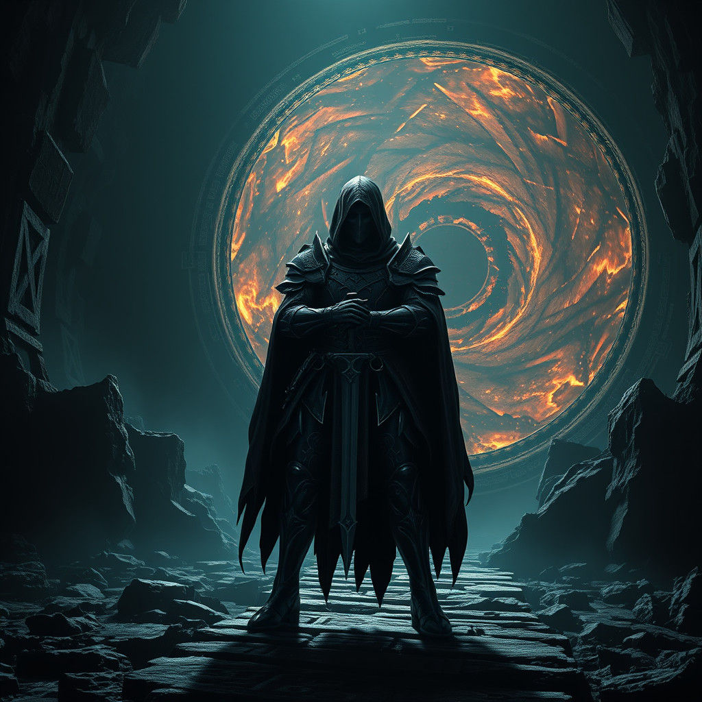 Warden Guarding Ominous Portal in Gothic Conceptual Art