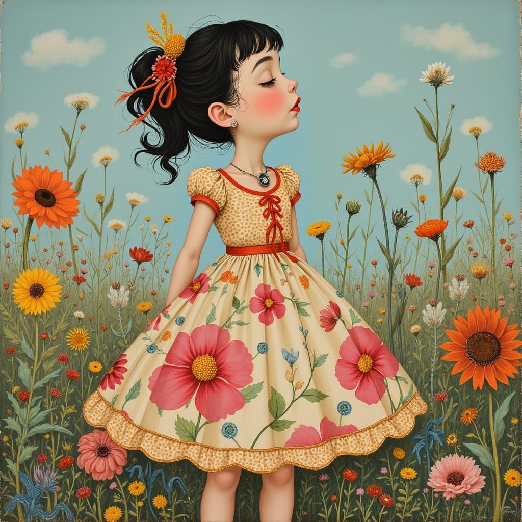 Girl Gazes Upward in Surreal Pop Folk Art Style