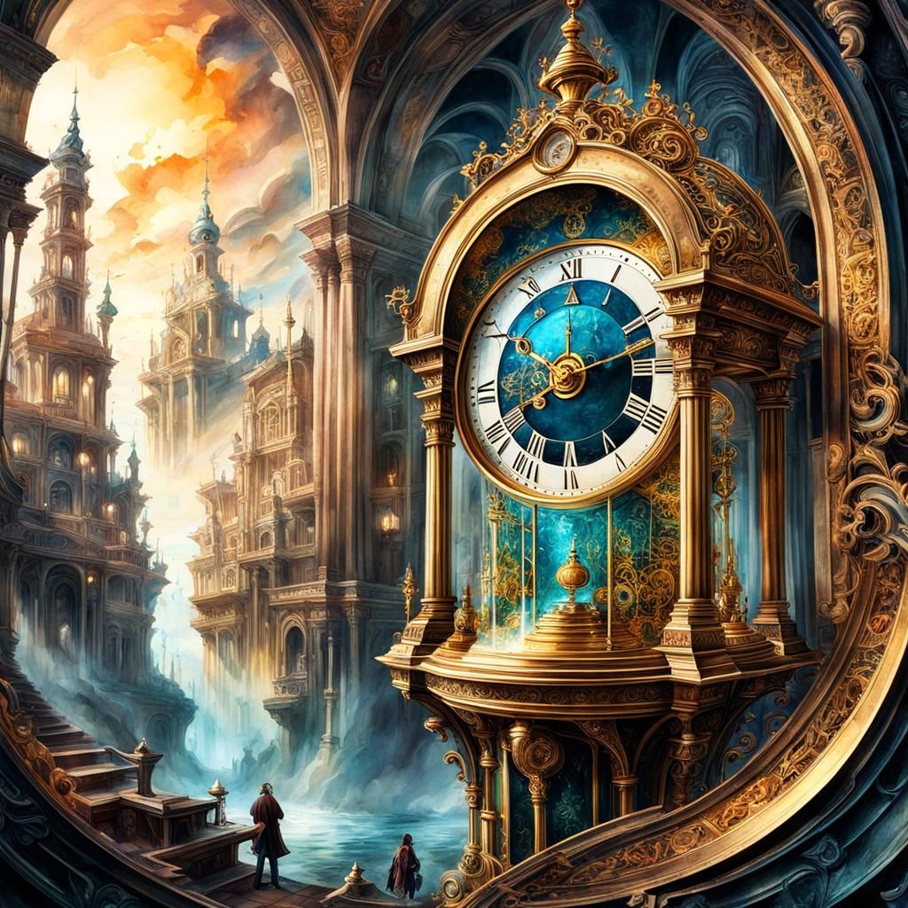 Surreal Time Multiscape in Hyperrealistic Watercolor