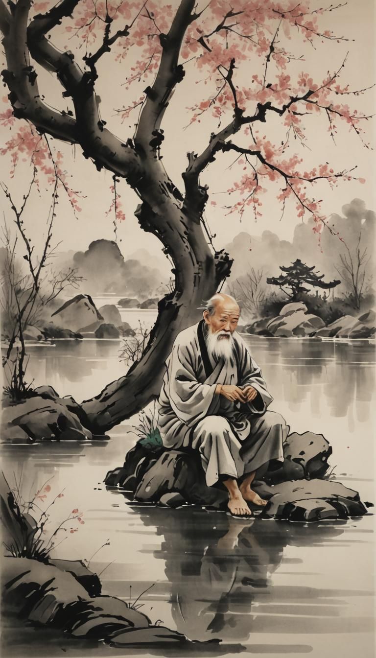 Sumi-e Painting: Old Man Resting Under Cherry Trees