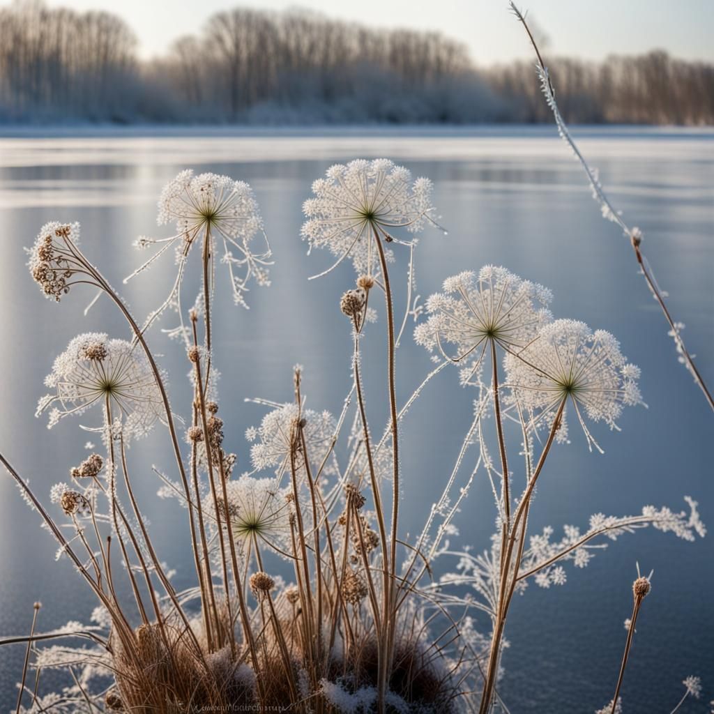 Ethereal Weeds Along Frozen Lake's Edge