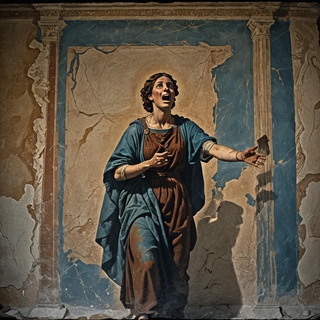 Eerie Roman Fresco of Screaming Servant Woman
