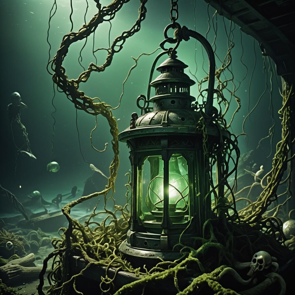 Eerie Green Lantern in Sunken Ship: Gothic Realism