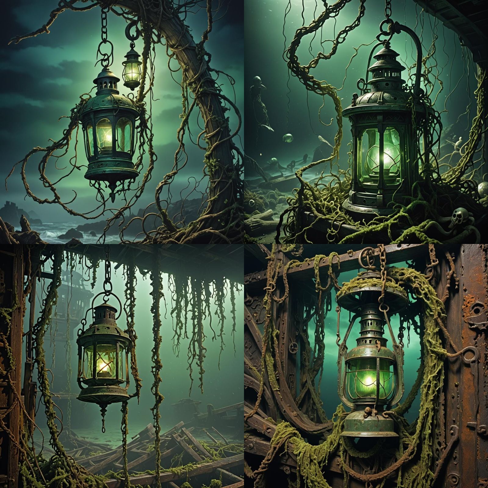 Eerie Green Lantern in Sunken Ship