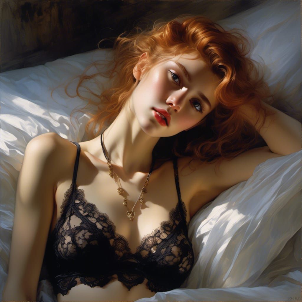 Hazel-Haired Beauty in Bed, Hyperrealistic Style