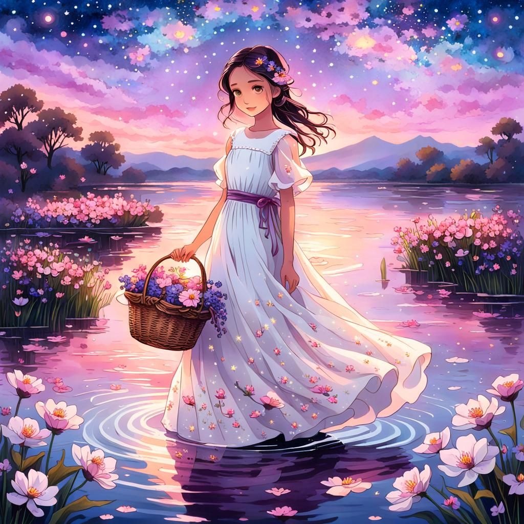 Ethereal Girl in Floral Twilight: 3D Anime Art