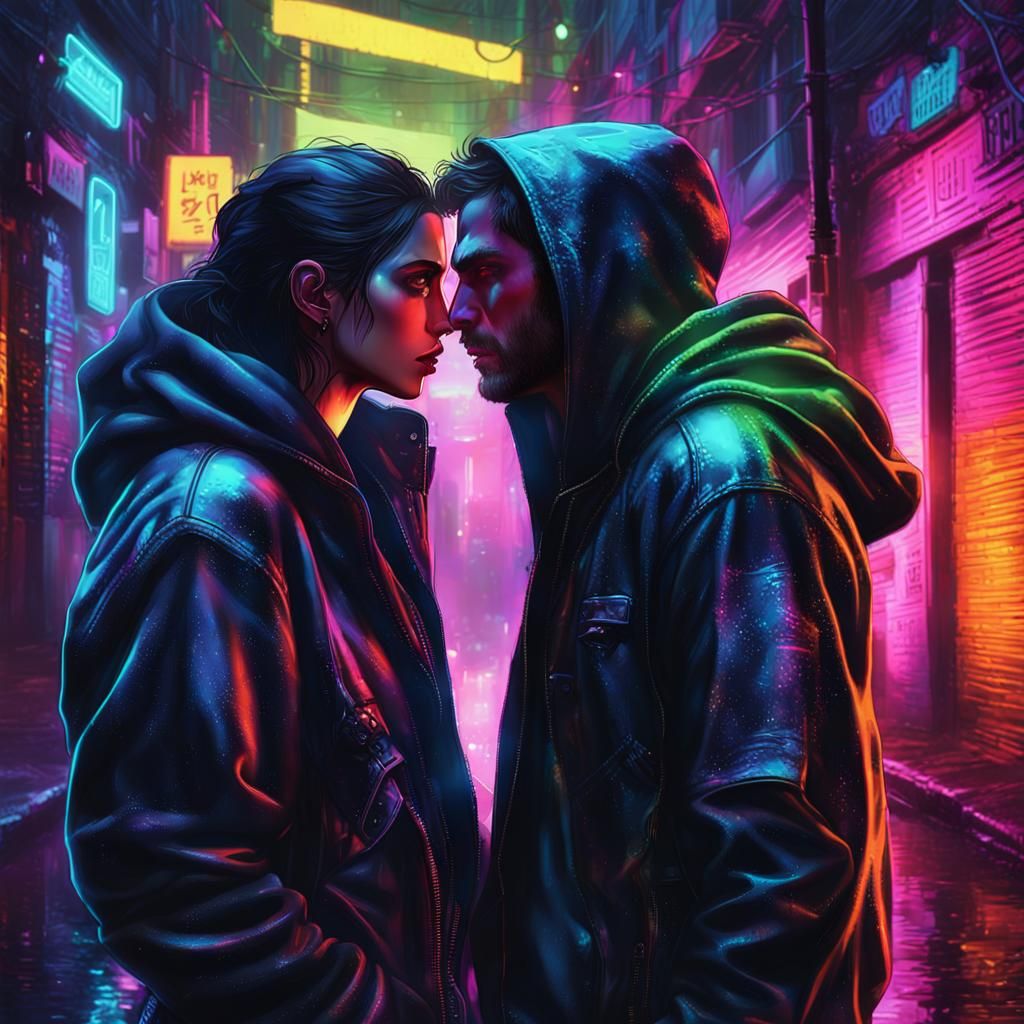 Cyberpunk Love in Neon Alleyway