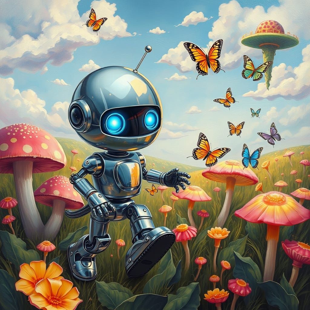 Mischievous Robot Chasing Butterflies in Mushroom Field