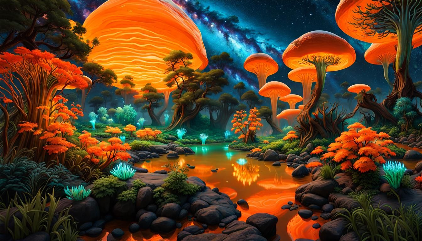 Bioluminescent Garden Under Psychedelic Cosmic Sky