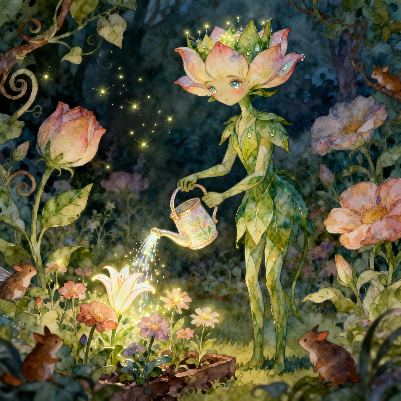 Magical Flower Being Tends Enchanted Garden
