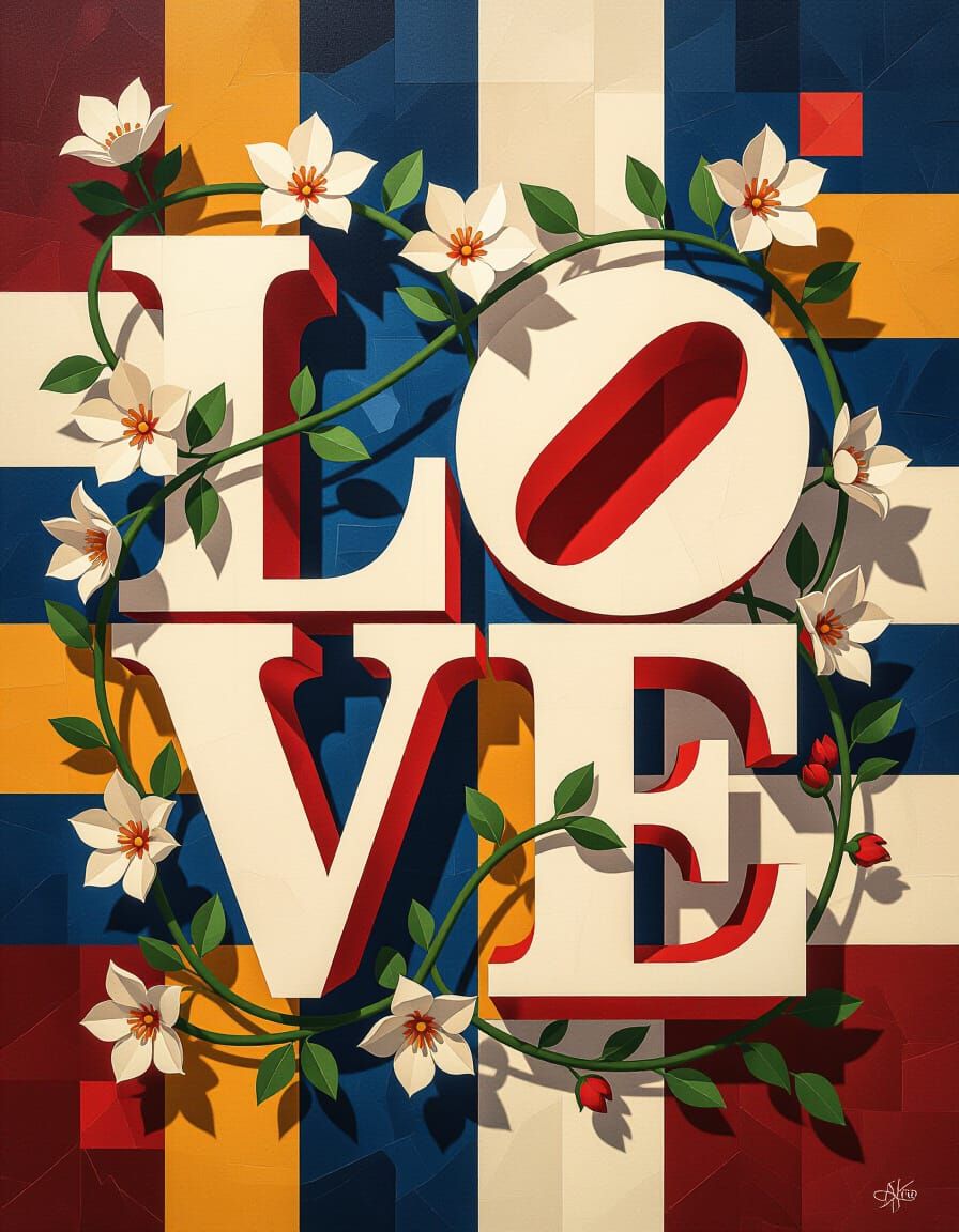 Biophilic Geometry LOVE Word Art in Cubist Style