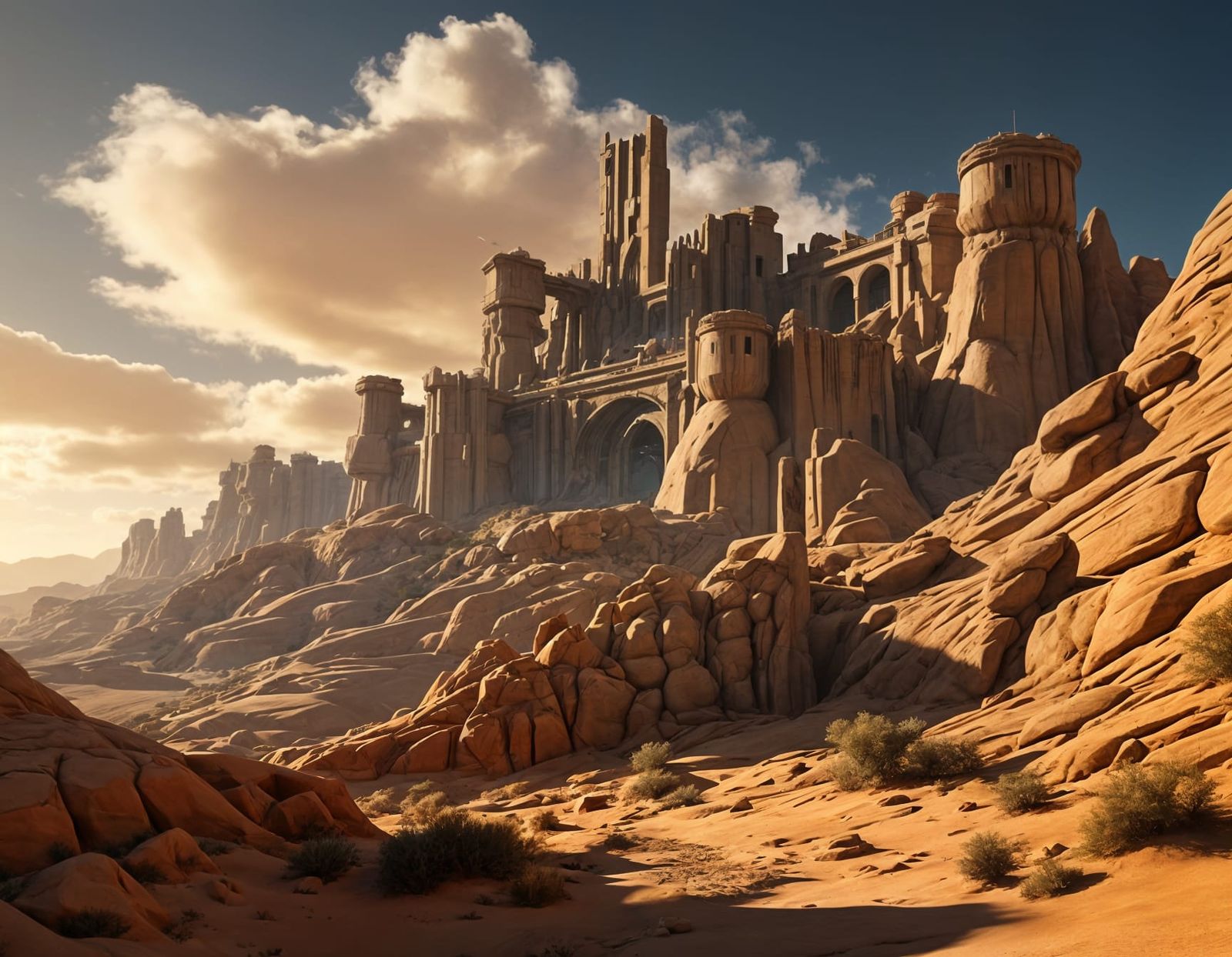 Brutalist Desert Fortress Built into Sandstone Cliffs