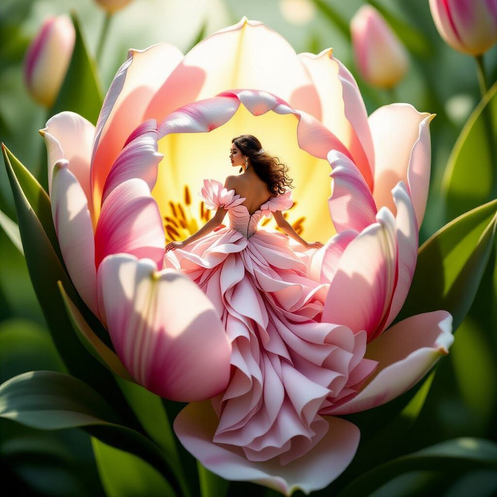 Woman in Tulip Gown Emerges from Jasmine Flower