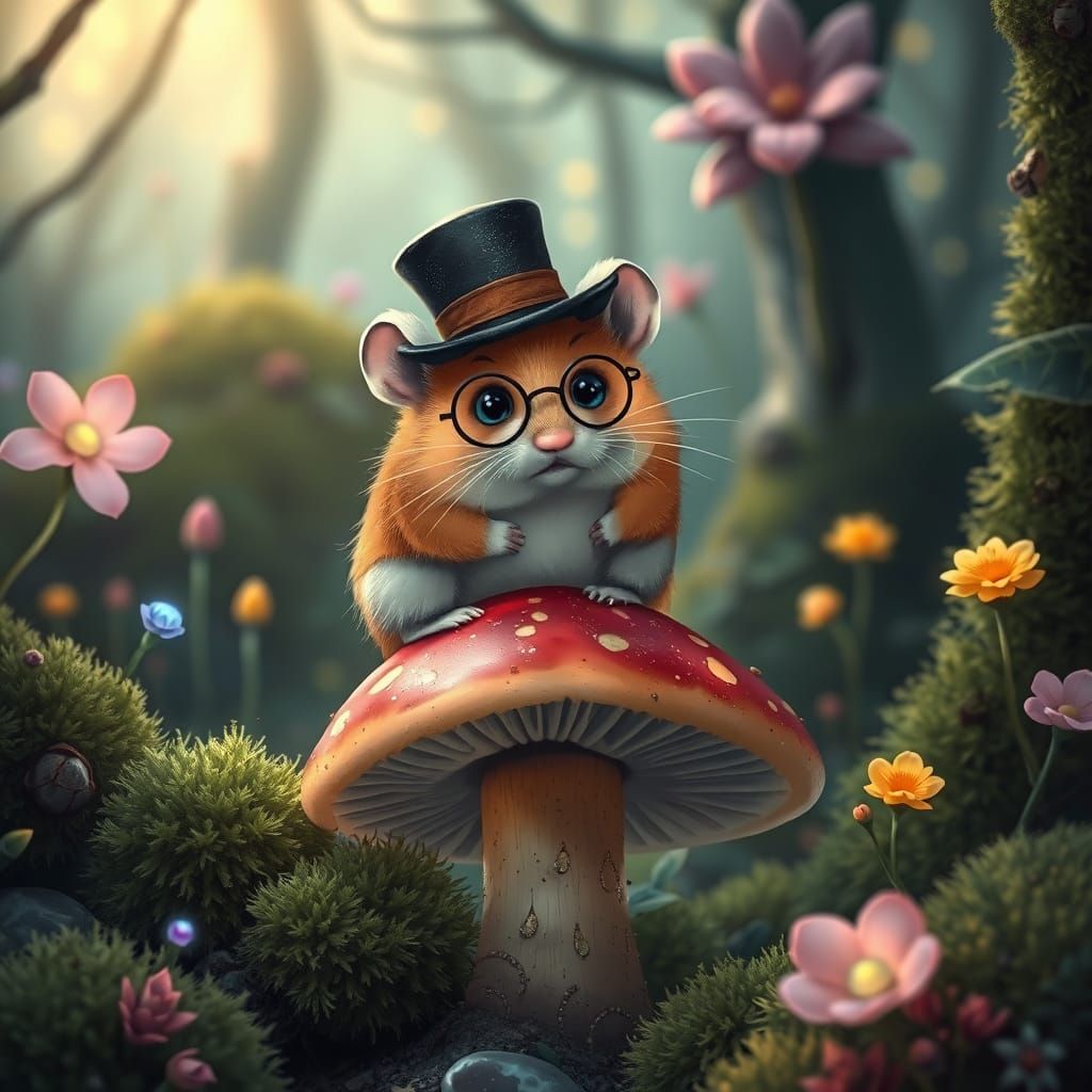 Whimsical Hamster in Bioluminescent Forest, Ghibli-esque