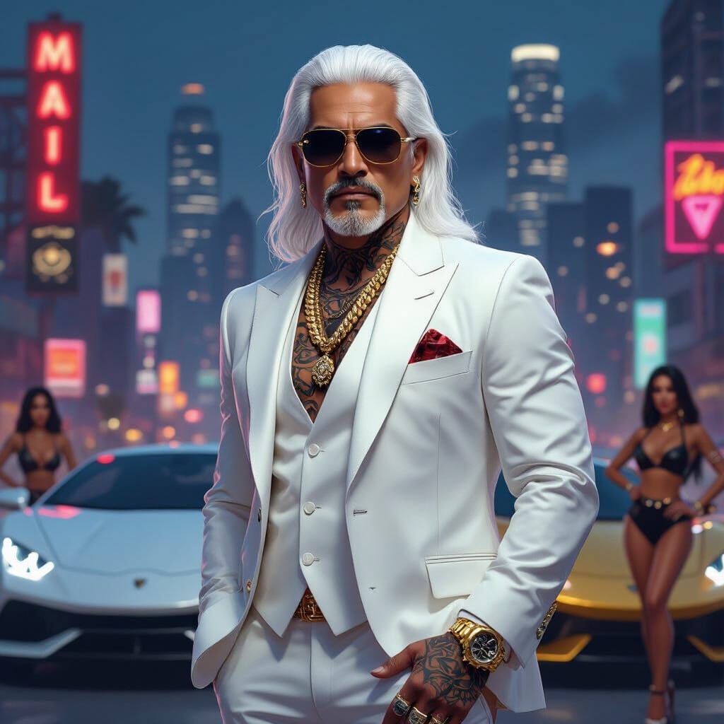 Montoya Montana in White Suit, Los Santos Cityscape