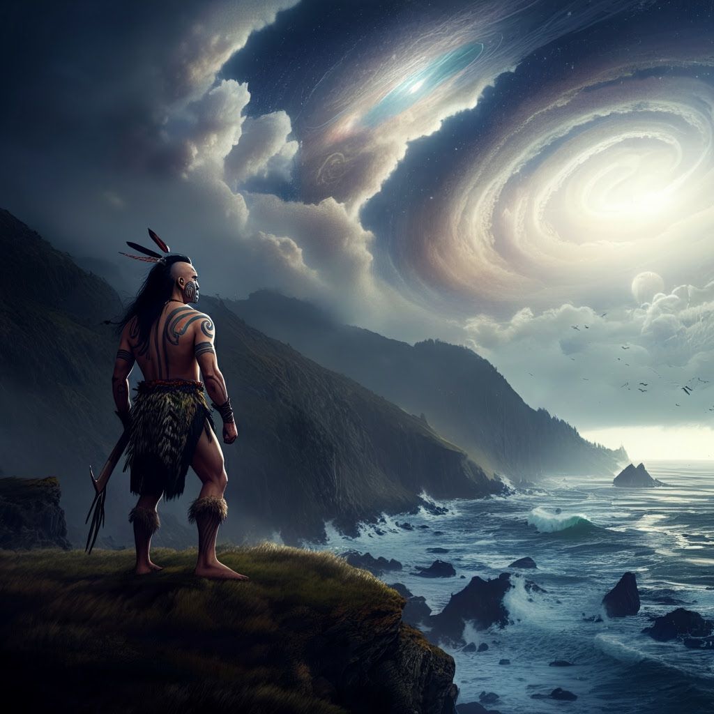 Stoic Maori Warrior Overlooking Cosmic Sea