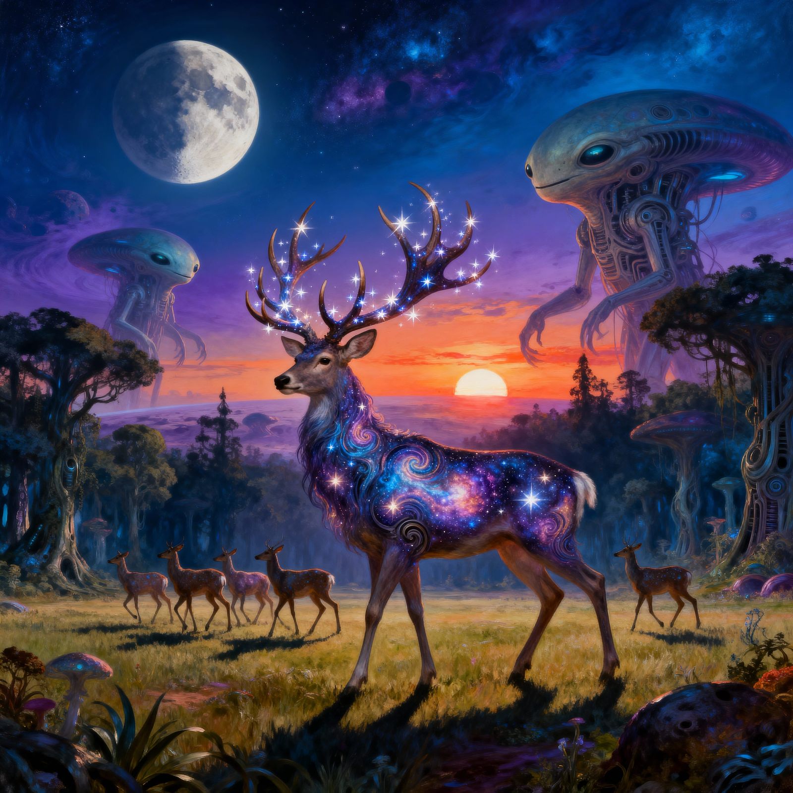 Celestial Deer Herd Under Binary Sunset, Surreal Oil Paintin...