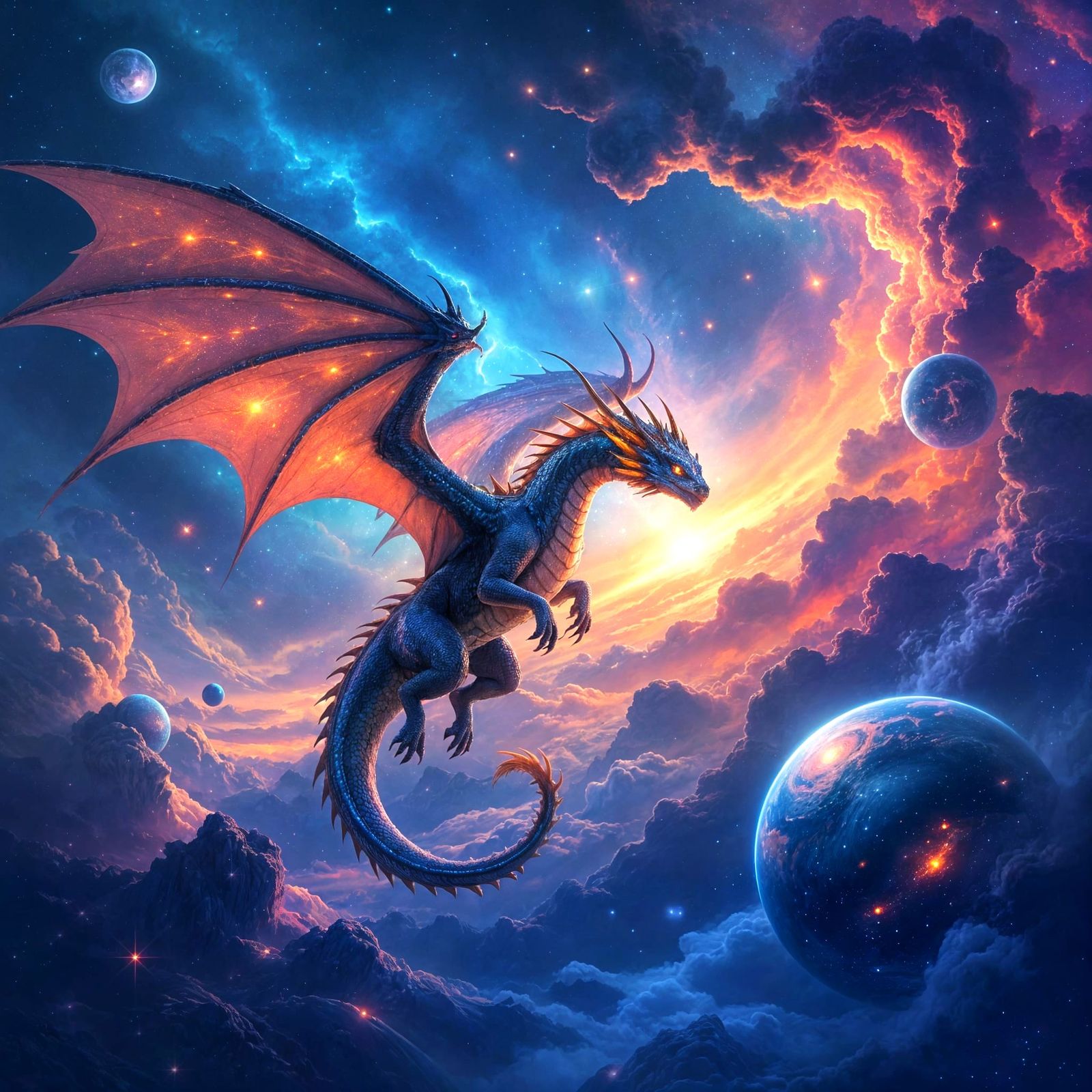 Majestic Stardust Dragon Soaring Through Cosmic Nebula