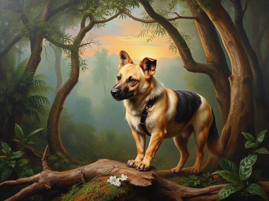 Bush Dog in Tropical Forest: Rococo Oil Painting