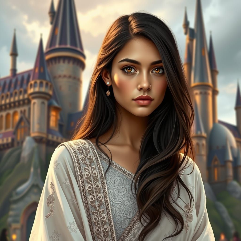 Elegant Woman in Lahenga Before Hogwarts Castle