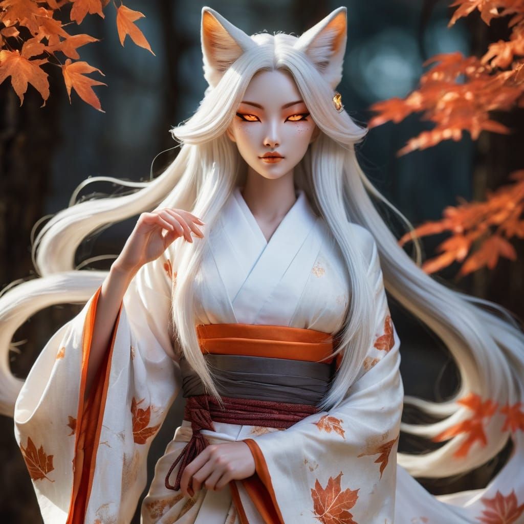 Photorealistic full body picture of a Kitsune woman. Bathed ...