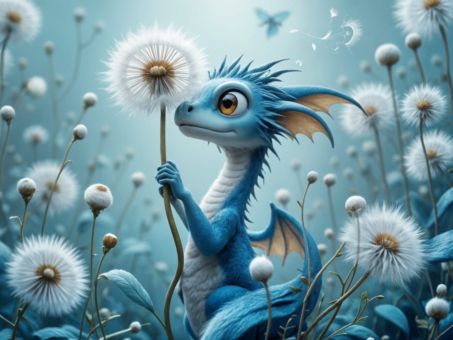 Whimsical Blue Dragon Amidst Dandelion Clocks
