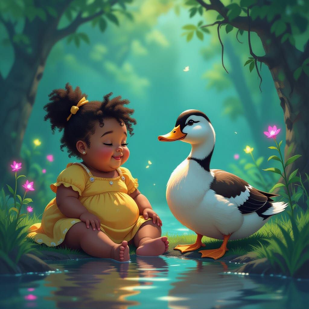 Girl and Wise Duck in Bioluminescent Grove