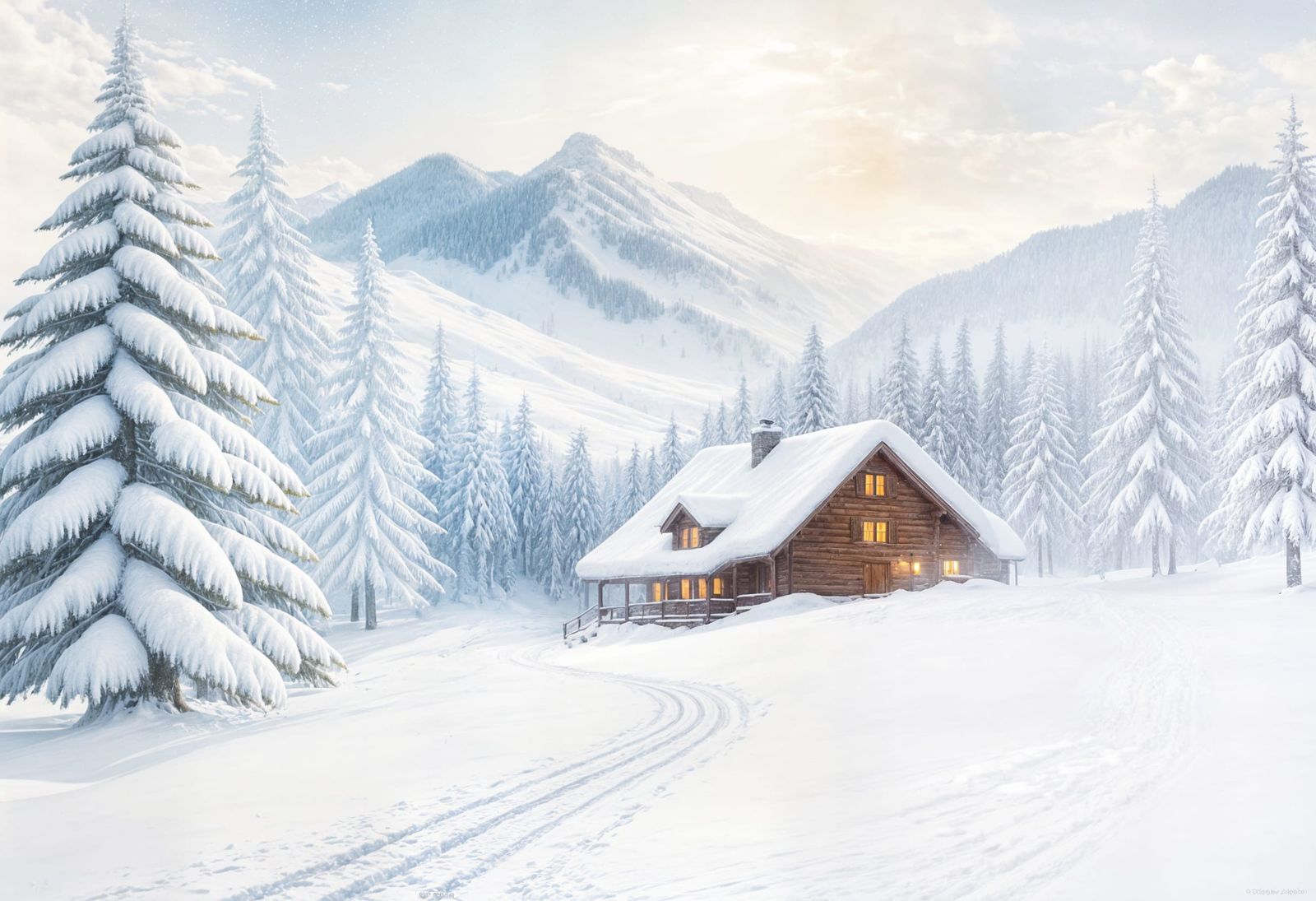 Impressionist Snowy Mountain Landscape with Cozy Hut