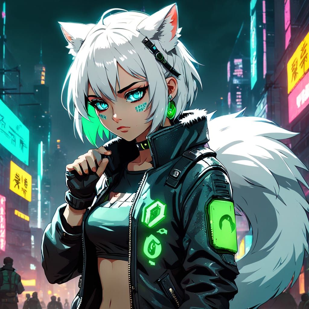Catgirl Cyberpunk Character with Green Streaked Hair and Bla...