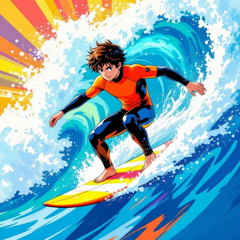 Anime Boy Surfing: Comic Book Pop Art Watercolor