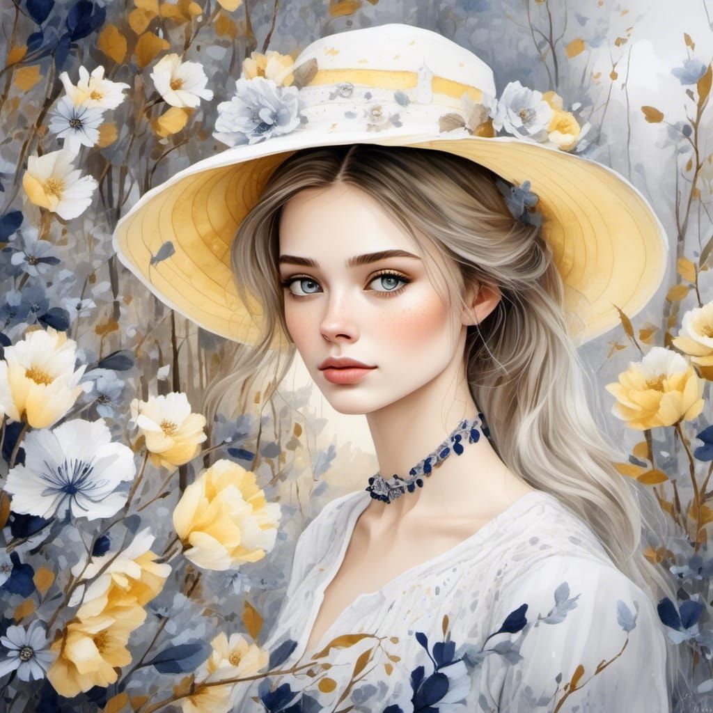 Cozy Winter Village Ink Drawing in Navy Blue and Yellow