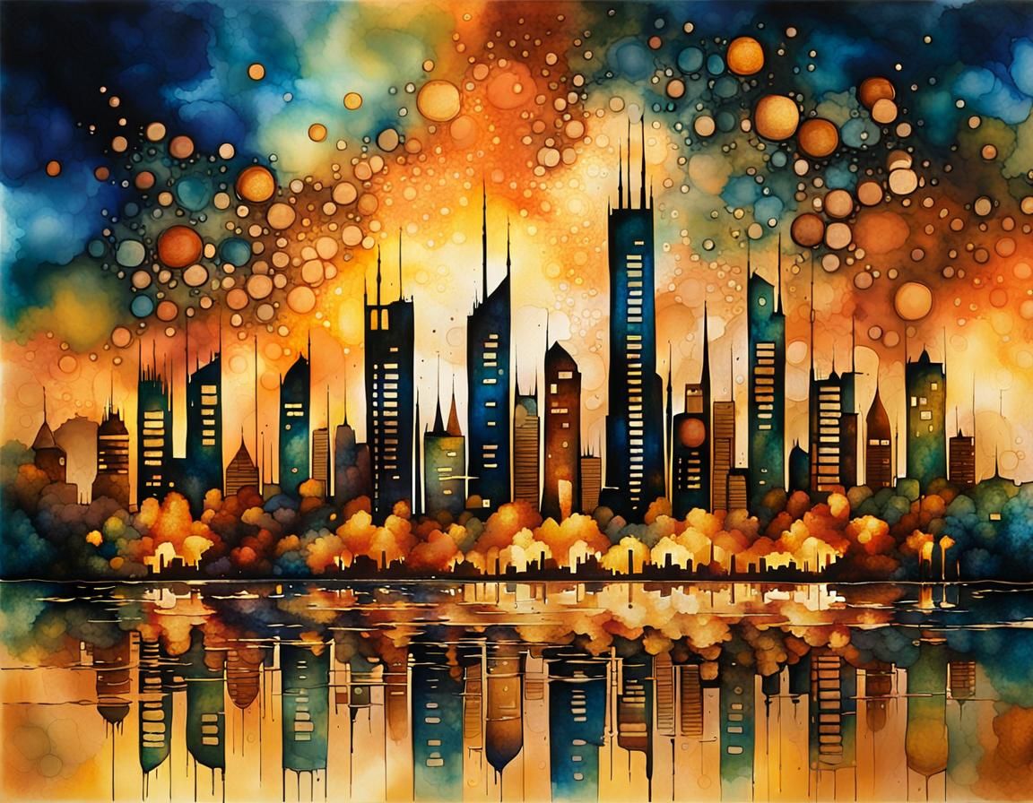 Hyperdetailed Fractal Cityscape at Midnight: Alcohol Ink Art