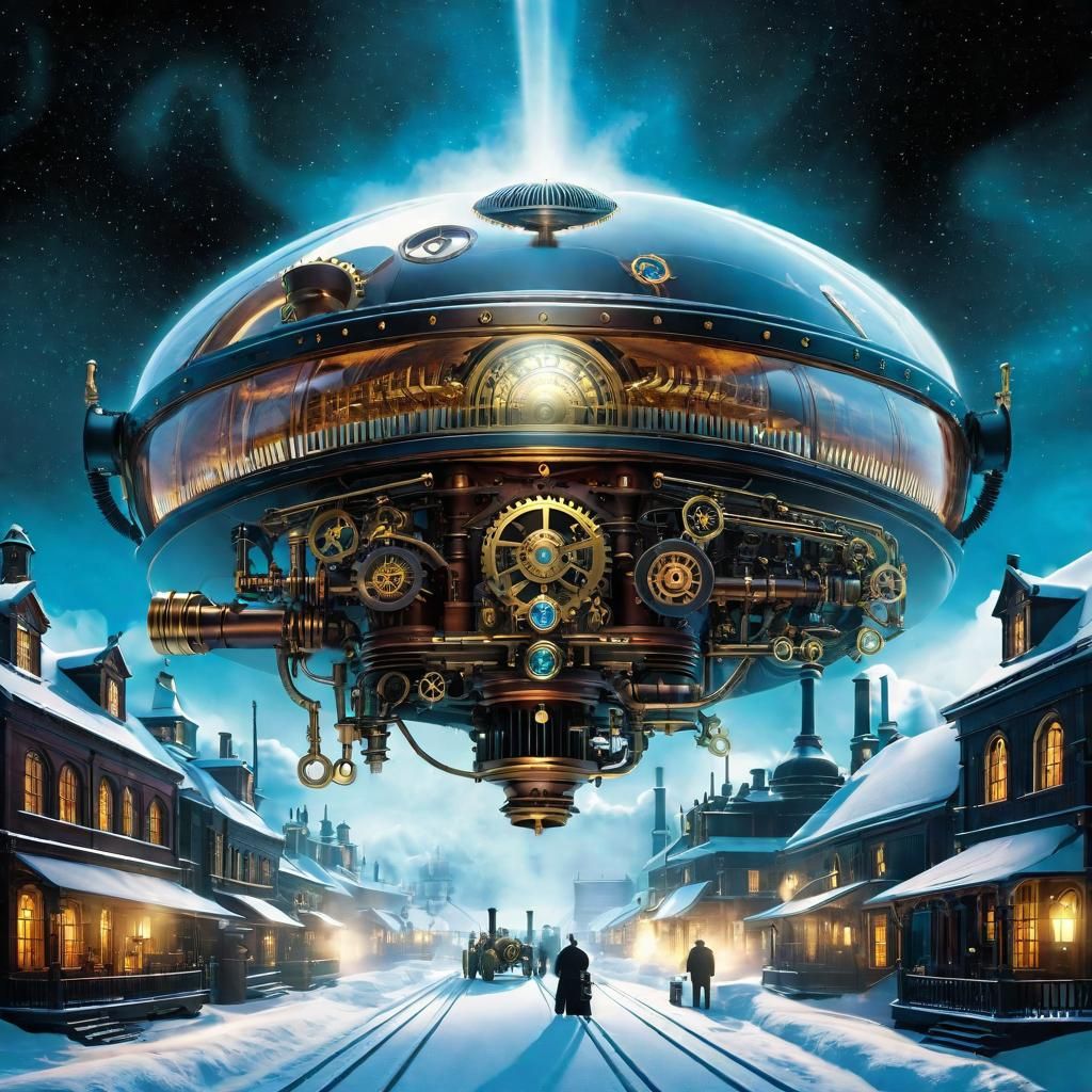 Futuristic steampunk city in winter
