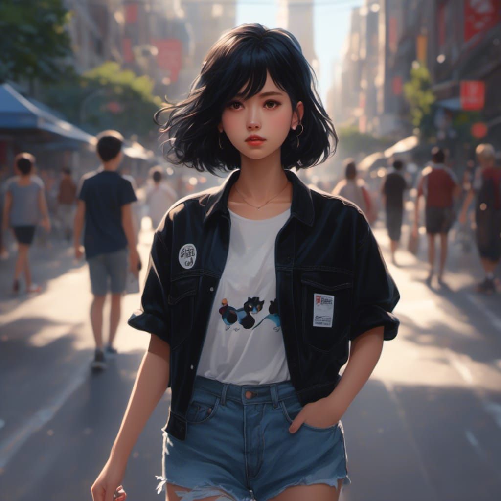 Anime Woman Walking in Street, Manga Key Visual