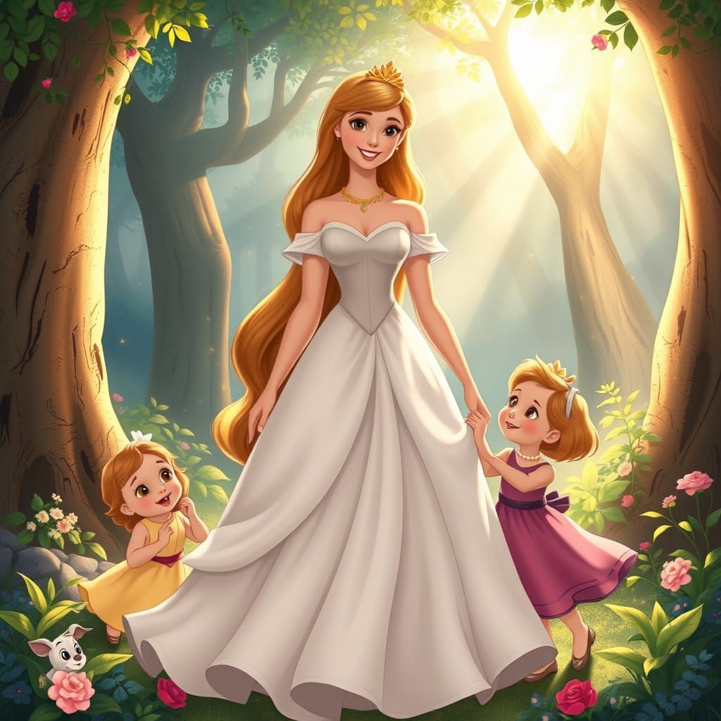 Disney Princess Aurora Surrounded by Loving Children in Whim...