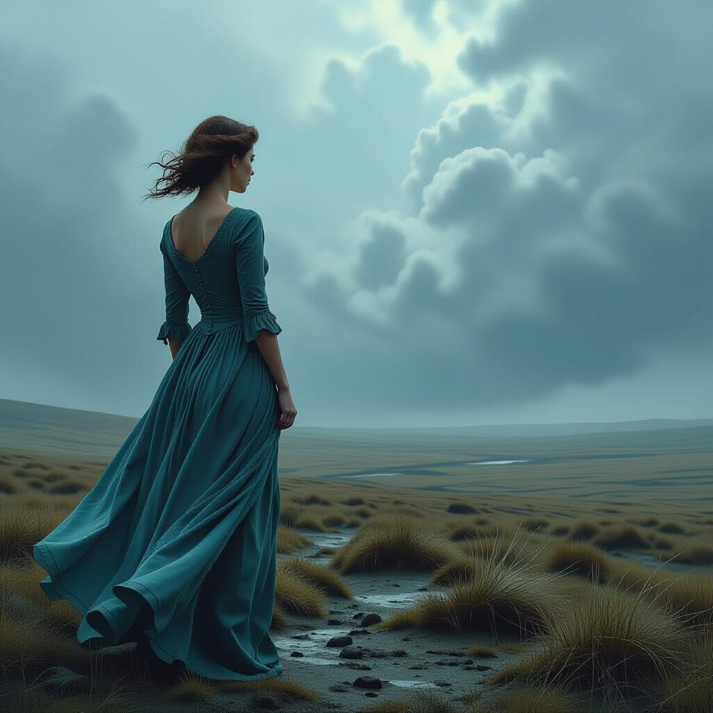 Woman on Moor Gazing at Stormy Sky in Vintage Ad Style