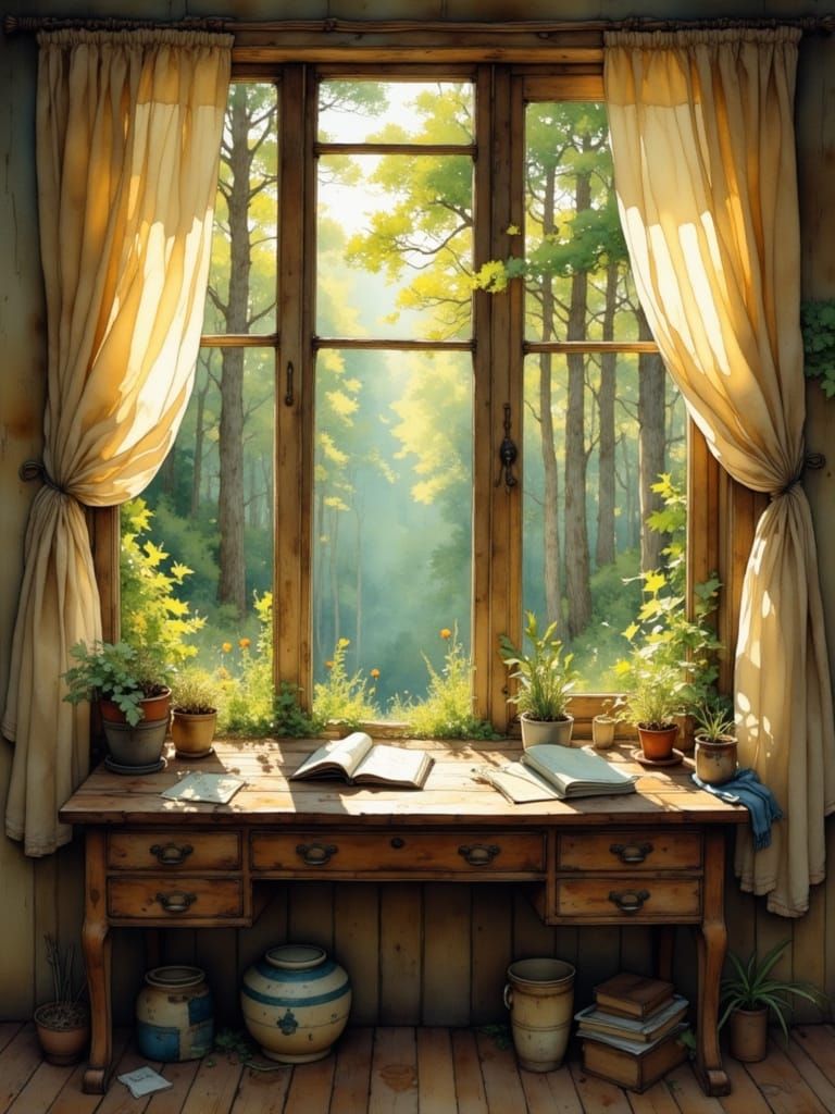 Rustic Desk by Forest Window in Painterly Style