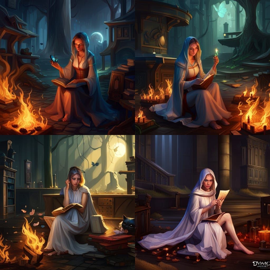 Veiled Girl Reading by Bonfire: Hyperdetailed Concept Art