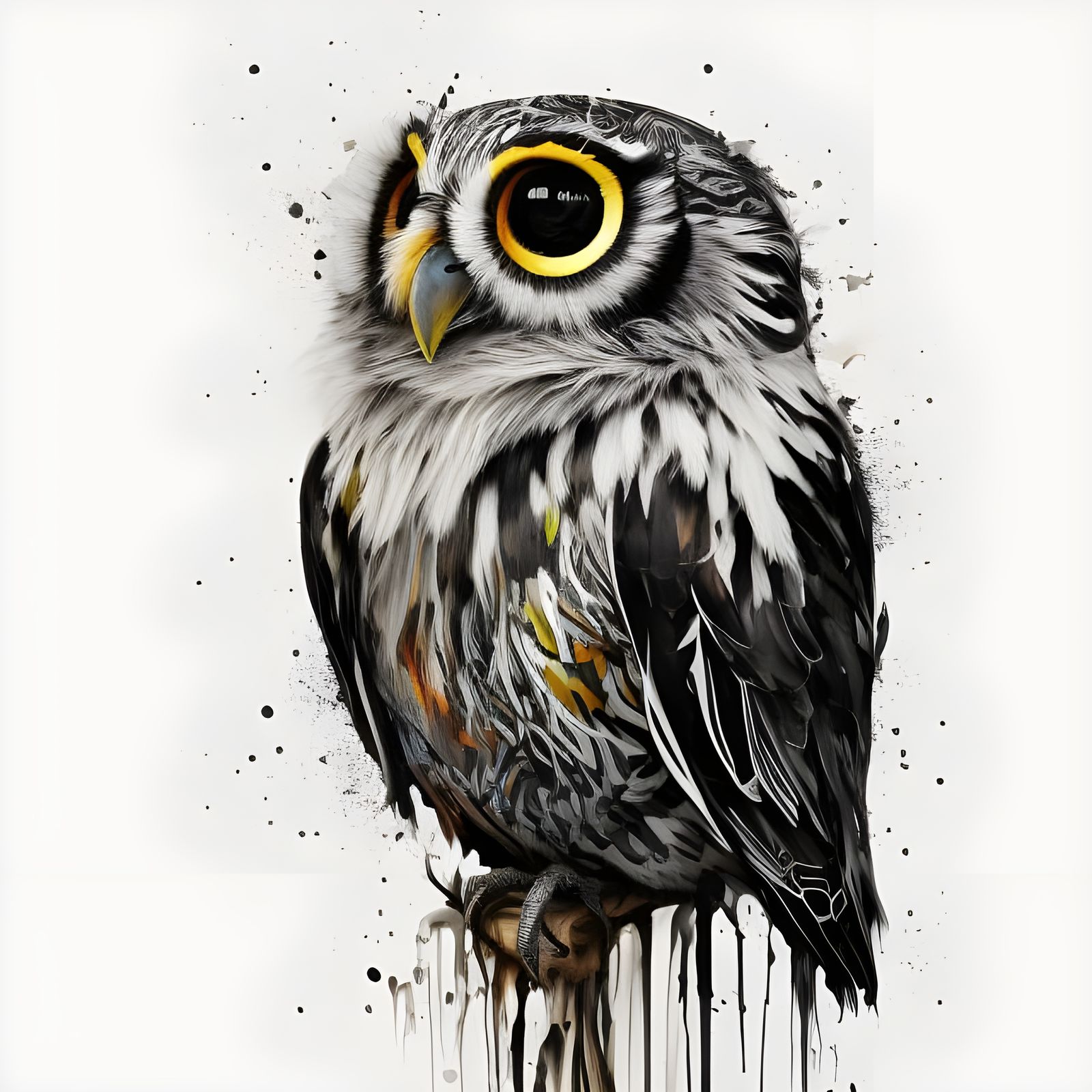 Detailed Black and White Owl Portrait in Gouache