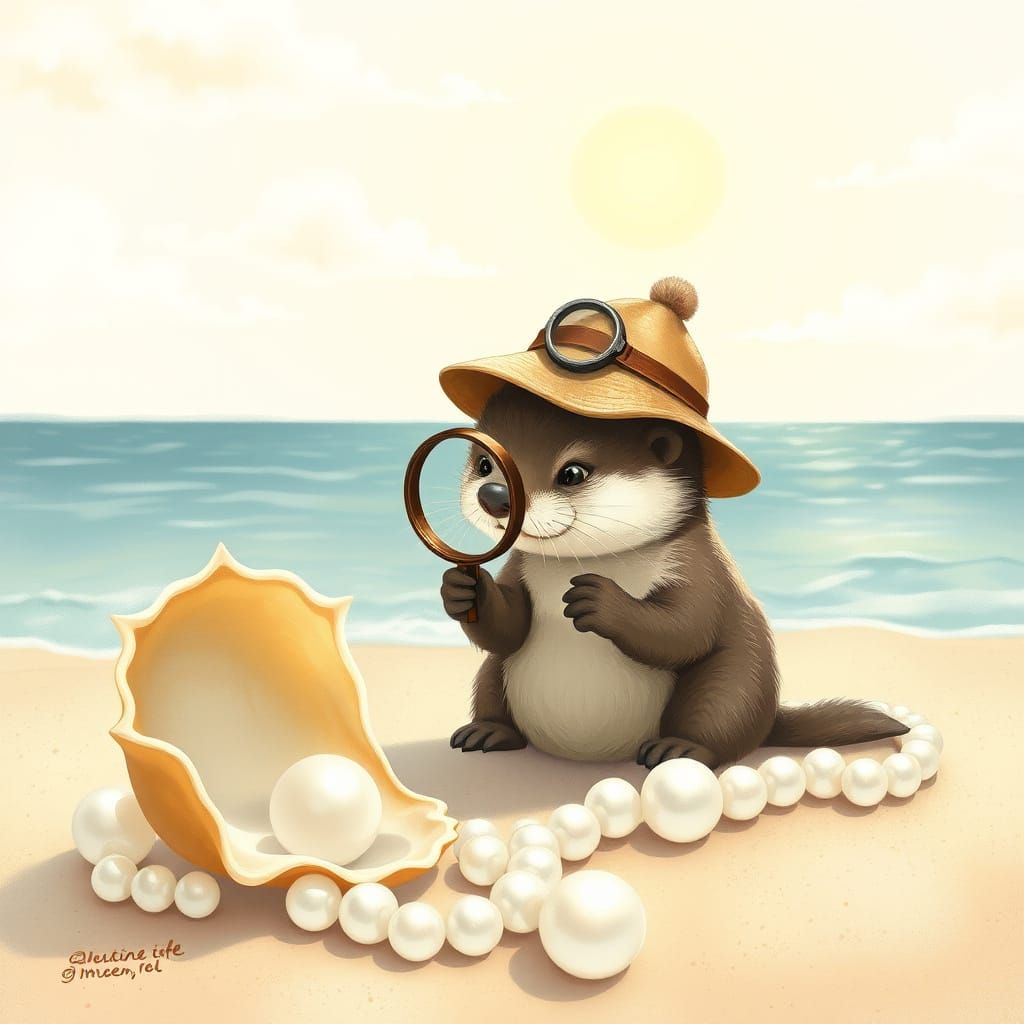 Baby Otter Detective on Sunny Beach, Illustration Style
