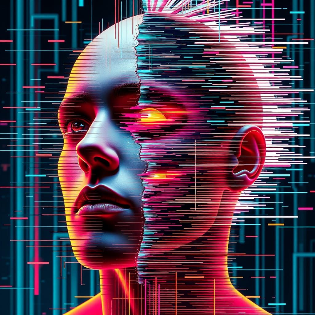 Distorted Figure in a Glitching Biomechanical Realm