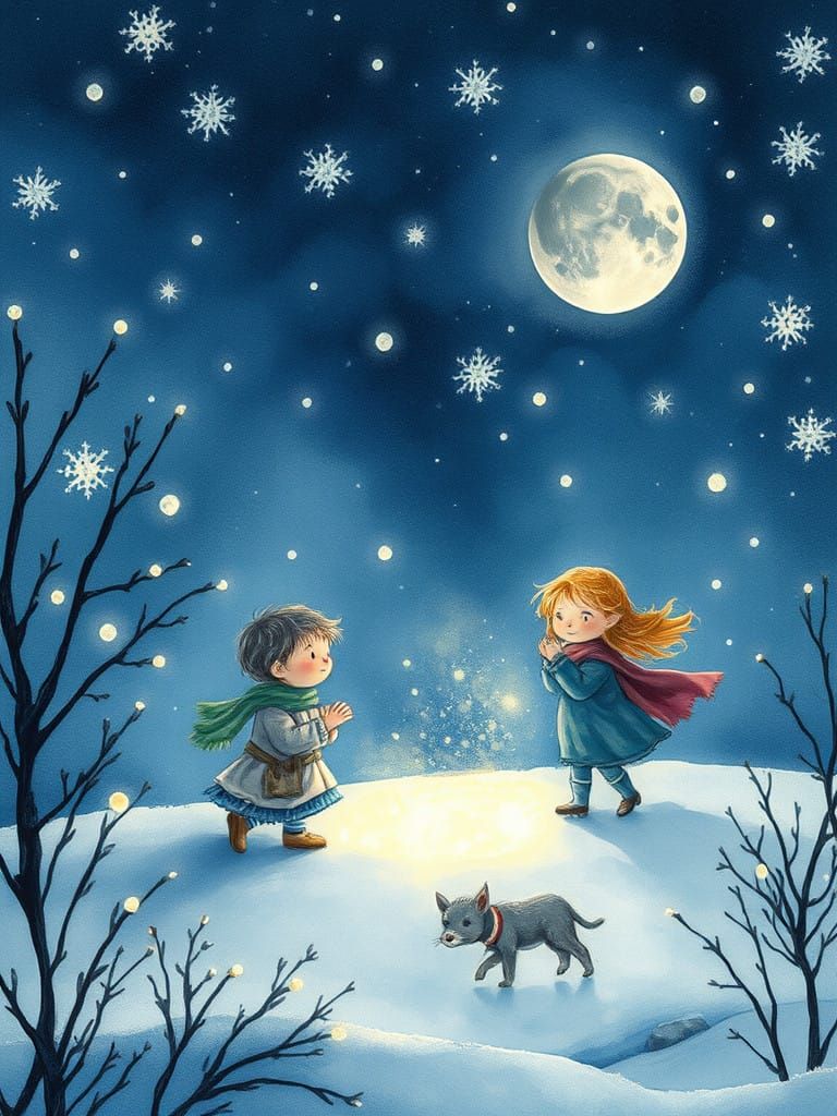 Dreamy Children's Book Illustration of Snowflakes and Playfu...