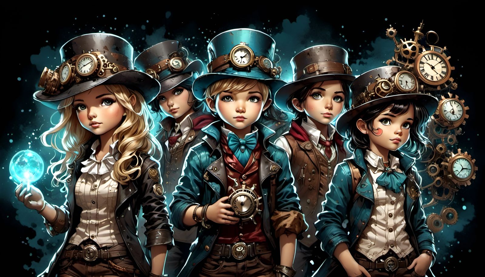 Steampunk Cowboys Portrait with Ink Linework Ornaments