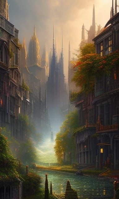 Fantasy City Street Painting in Surreal Style